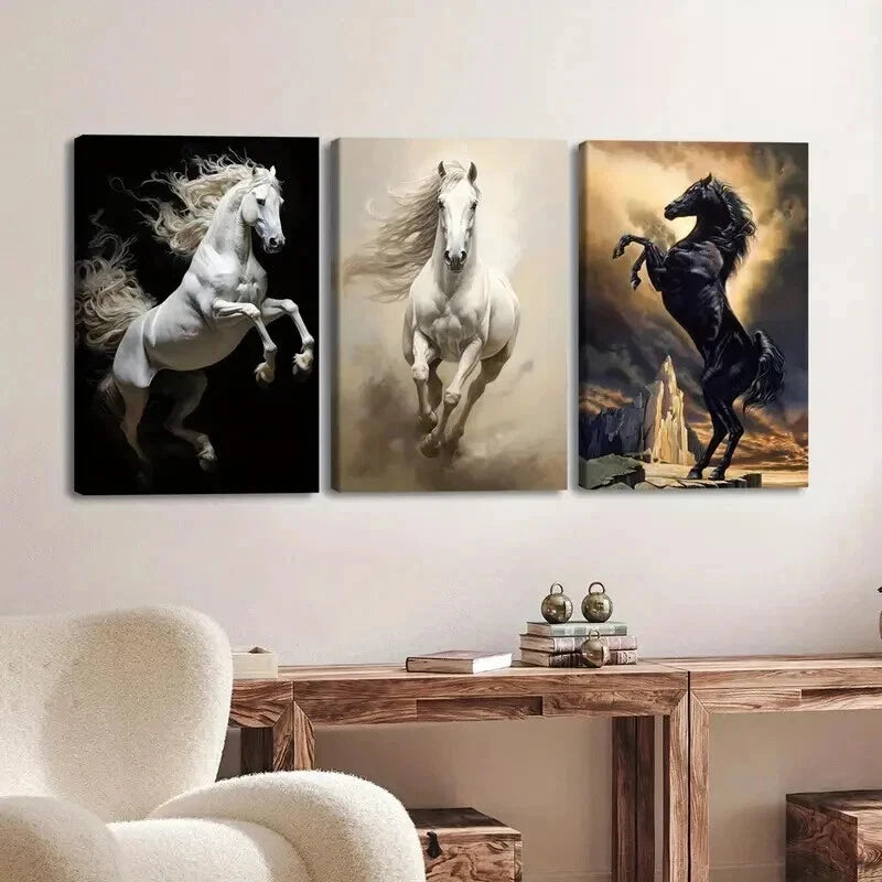 3pcs Horse Paintings Running Horse Black & Gold Wall Art Set Canvas Framed 50x70cm - High Quality Print 100% Australian Made Wall Canvas Ready to Hang