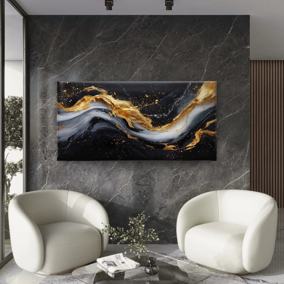 Painting Gold Black Swirl Wall Art Canvas Office Home Room Framed 120x60cm