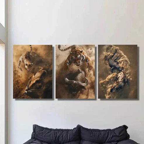 3pcs Cheetah Tiger Crocodile Hunting & Eating Wall Art Set Canvas Unframed - High Quality Print 100% Australian Made Wall Canvas - Bella Home Decor