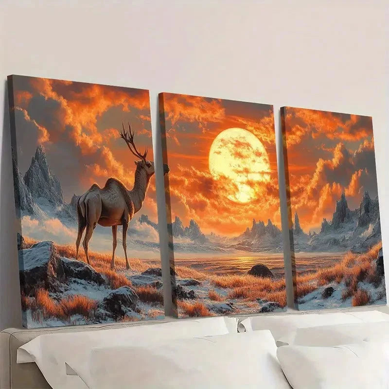 3pcs Majestic Camel & Deer Sunset Scenes Wall Art Set Canvas Framed 60x90cm - High Quality Print 100% Australian Made Wall Canvas Ready to Hang
