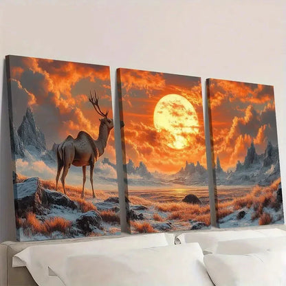 3pcs Majestic Camel & Deer Sunset Scenes Wall Art Set Canvas Framed 60x90cm - High Quality Print 100% Australian Made Wall Canvas Ready to Hang
