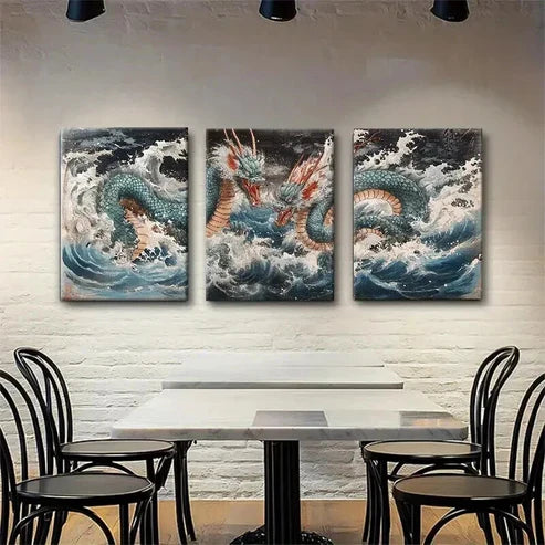 3pcs Mythical Ocean Serpent Stormy Waves Perfect Wall Art Canvas Unframed - High Quality Print 100% Australian Made Wall Canvas
