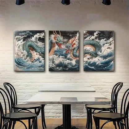 3pcs Mythical Ocean Serpent Stormy Waves Perfect Wall Art Canvas Unframed - High Quality Print 100% Australian Made Wall Canvas