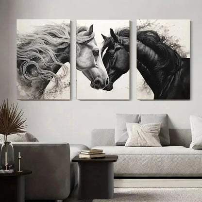 3pcs Black And White Horse Elegant Décor Perfect Wall Art Set Canvas Framed 50x70cm - High Quality Print 100% Australian Made Wall Canvas Ready to Hang - Bella Home Decor