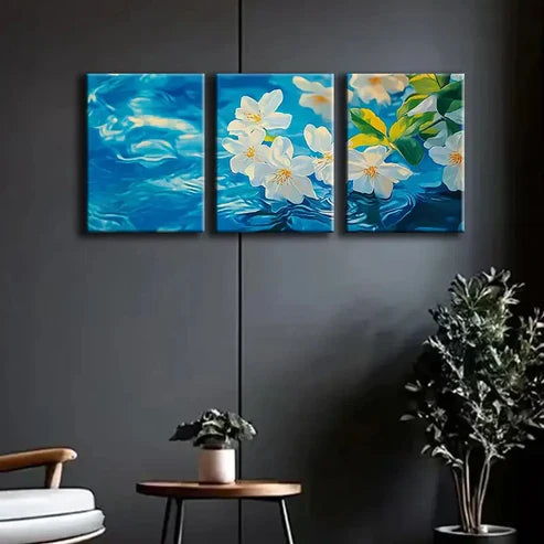 3pcs White Blossoms & Blue Leaves Nature Perfect Wall Art Set Canvas Unframed - High Quality Print 100% Australian Made Wall Canvas