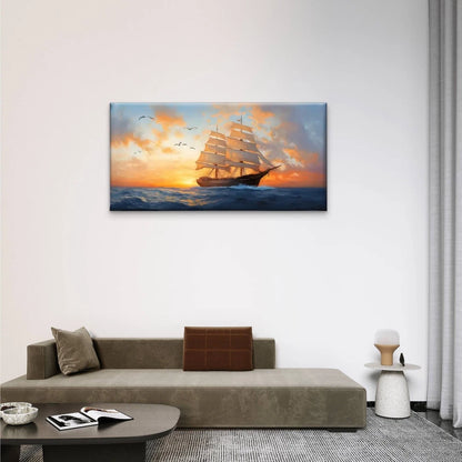 Ocean Vessel Sunset Birds Wall Art Canvas Office Home Room Framed 120x60cm