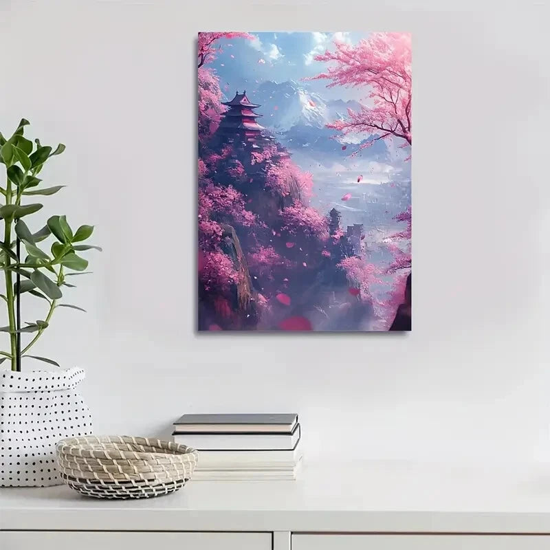 Cherry Blossom Japanese Landscap Blooming Painting 40x60cm Metal Print Ready to Hang - Bella Home Decor