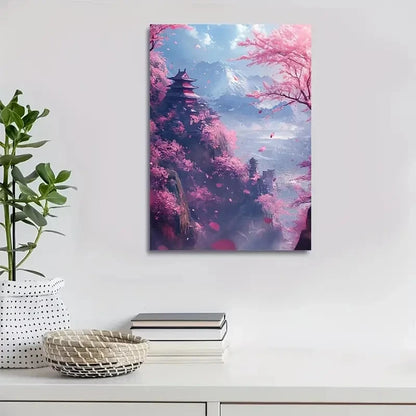 Cherry Blossom Japanese Landscap Blooming Painting 40x60cm Metal Print Ready to Hang - Bella Home Decor