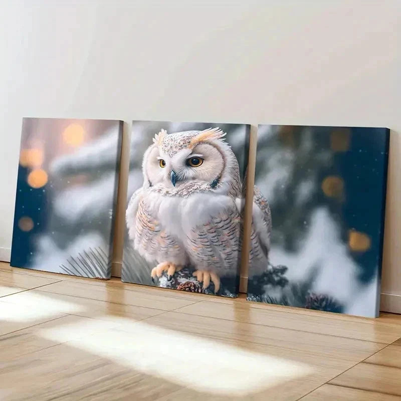 3pcs Snowy Owl in Forest Scene Decor Wall Art Set Canvas Framed 50x70cm - High Quality Print 100% Australian Made Wall Canvas Ready to Hang