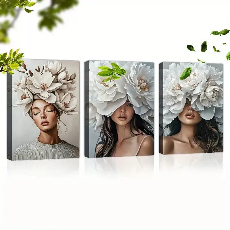 3pcs Cute Women with Flowers headdress Wall Art Set Canvas Framed 50x70cm - High Quality Print 100% Australian Made Wall Canvas Ready to Hang