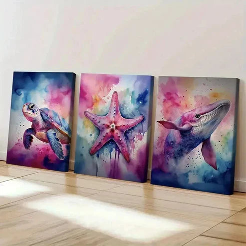 3pcs Whale Turtle & Starfish Marine Life  Art Set Canvas Unframed - High Quality Print 100% Australian Made Wall Canvas