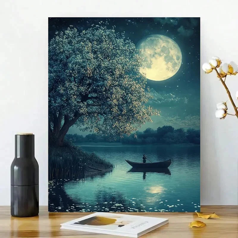 Moonlit Water Serene Vintage Style Painting 40x60cm Metal Print Ready to Hang - Bella Home Decor