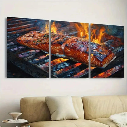 3pcs Grilled Salmon Fish Food Print Art Wall Art Set Canvas Framed 40x60cm - High Quality Print 100% Australian Made Wall Canvas Ready to Hang