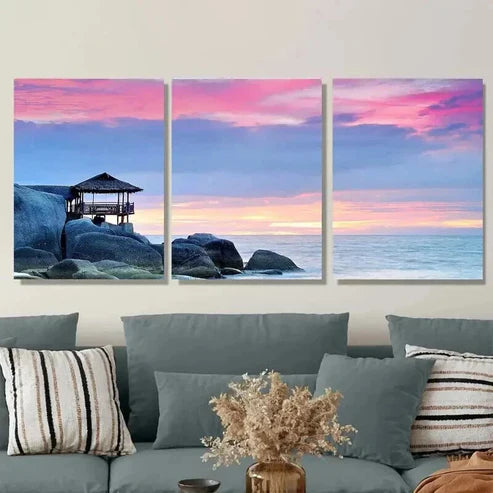 3pcs Coastal Sunset Beach Hut & Ocean Landscape Wall Art Set Canvas Unframed - High Quality Print 100% Australian Made Wall Canvas