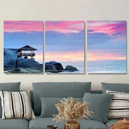 3pcs Coastal Sunset Beach Hut & Ocean Landscape Wall Art Set Canvas Unframed - High Quality Print 100% Australian Made Wall Canvas