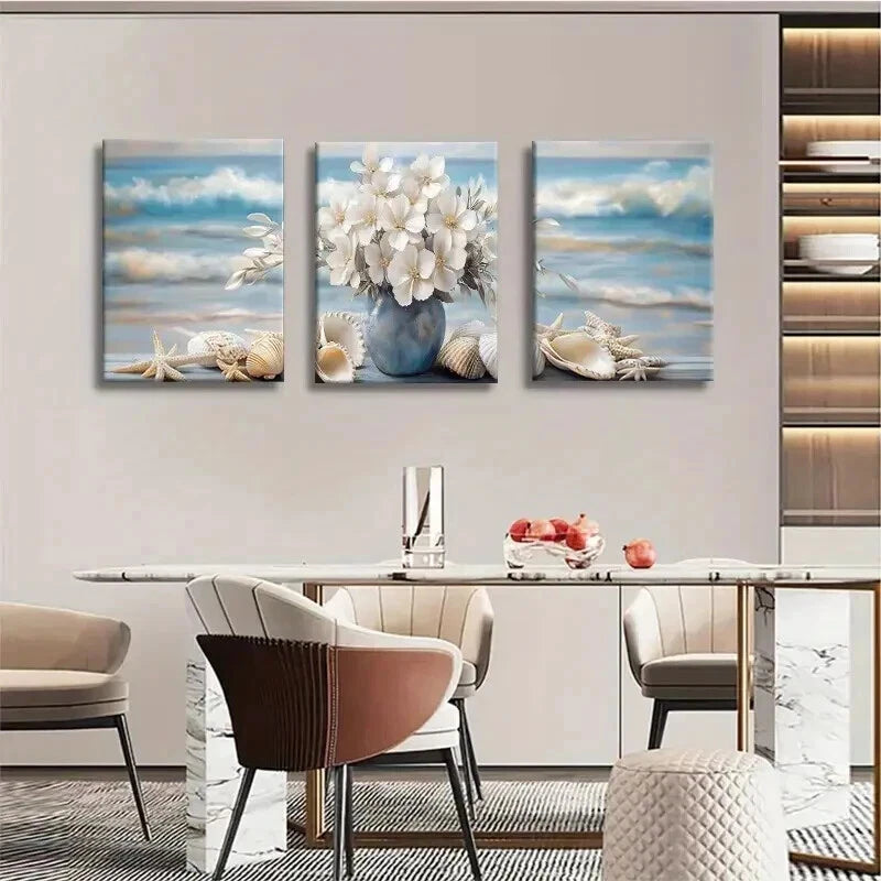 3pcs White Flowers in Blue Vase with Seashells Wall Art Set Canvas Framed 50x70cm - High Quality Print 100% Australian Made Wall Canvas Ready to Hang - Bella Home Decor