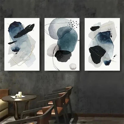 3pcs Blue & Black Shapes with Golden Accents  Art Set Canvas Unframed - High Quality Print 100% Australian Made Wall Canvas - Bella Home Decor