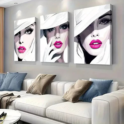 3pcs Stylish Fashionista Faces Triptych Wall Art Set Wall Art Canvas Unframed - High Quality Print 100% Australian Made Wall Canvas