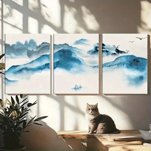 3pcs Stunning Blue Mountain Landscape with Birds Wall Art Canvas Unframed - High Quality Print 100% Australian Made Wall Canvas