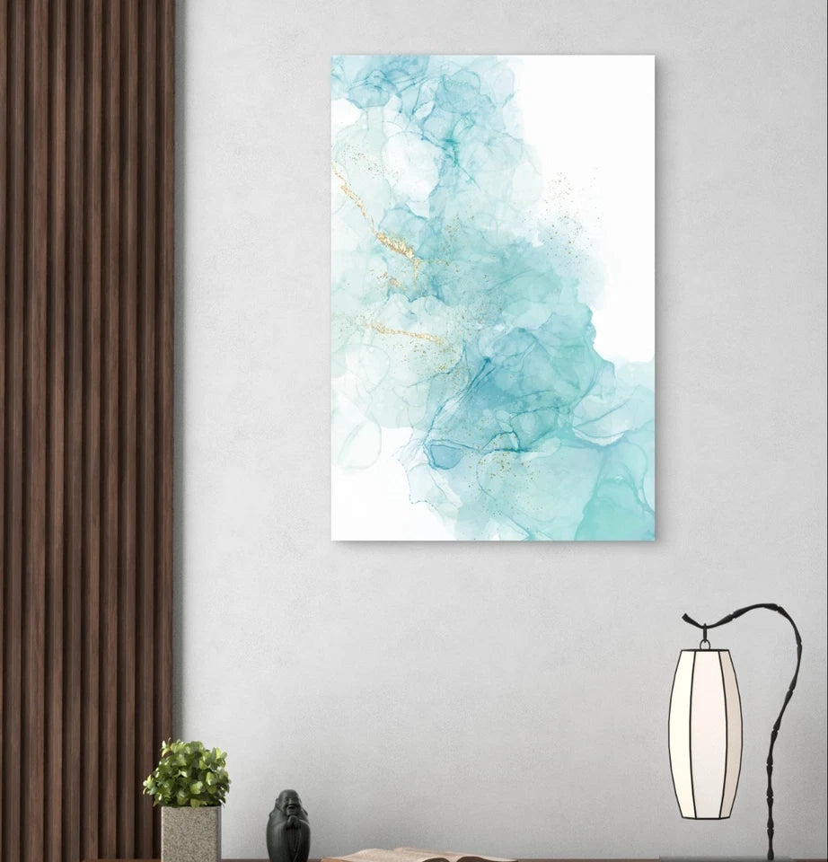 Minimalist Turquoise Blue and Gold Alcohol Ink 40x60cm Metal Print Ready to Hang