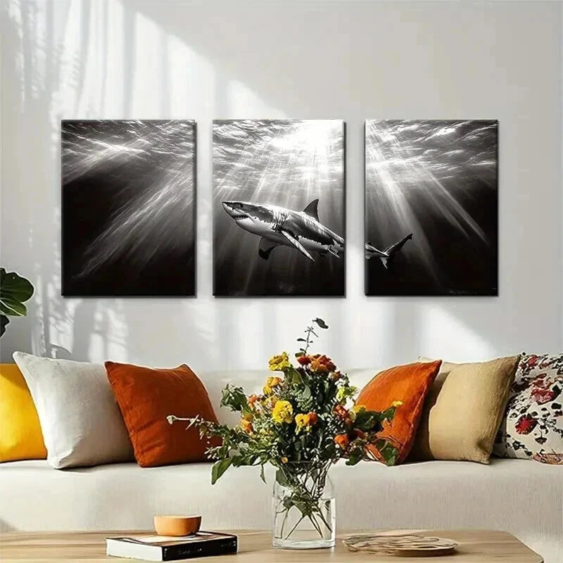 3pcs Monochrome Great White Shark Perfect Wall Art Set Canvas Framed 60x90cm - High Quality Print 100% Australian Made Wall Canvas Ready to Hang