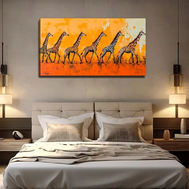 A Group Of Walking Giraffes Wall Art Canvas Office Home Room Framed 120x60cm