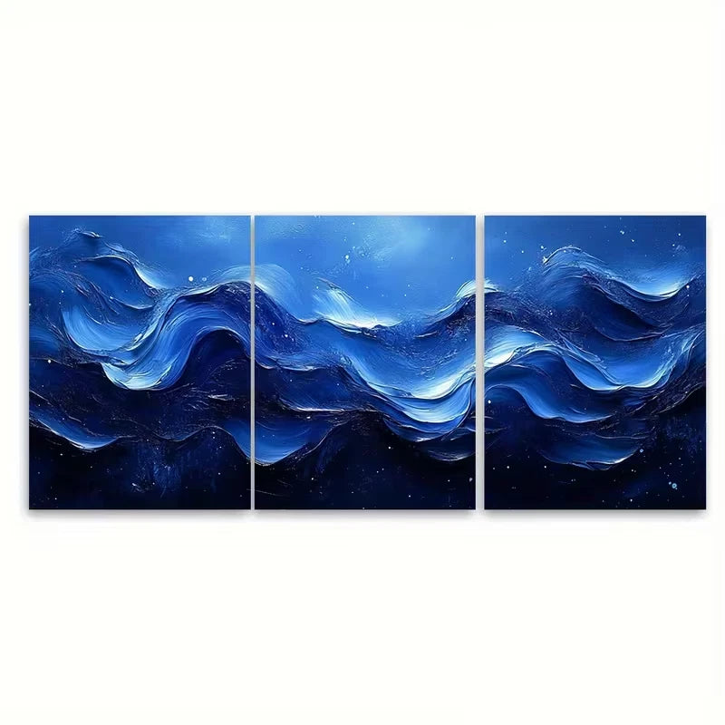 3pcs Elegant Blue Abstract Flowing Artwork Metal Print Ready to Hang Art - Bella Home Decor