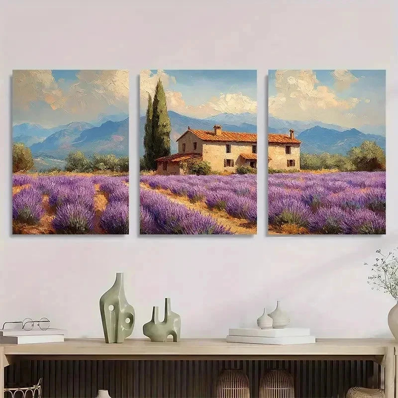 3pcs Lavender Fields Rustic Impasto Perfect Wall Art Set Canvas Framed 50x70cm - High Quality Print 100% Australian Made Wall Canvas Ready to Hang