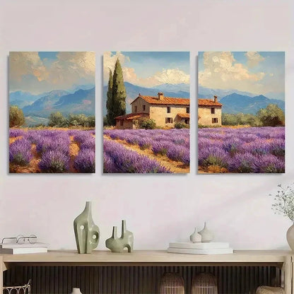 3pcs Lavender Fields Rustic Impasto Perfect Wall Art Set Canvas Framed 50x70cm - High Quality Print 100% Australian Made Wall Canvas Ready to Hang