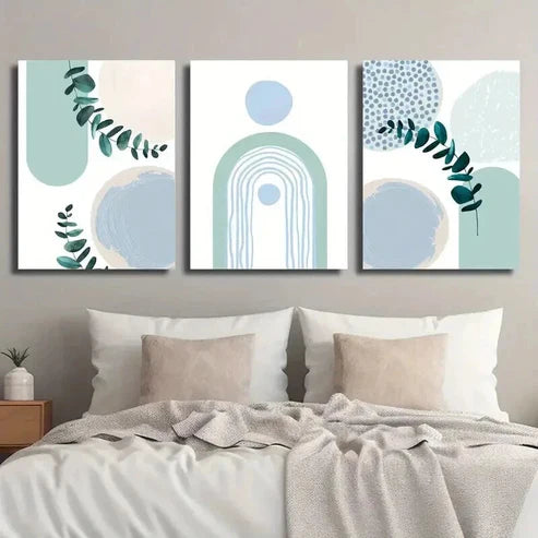 3pcs Modern Nordic Teal Botanical Leaf Wall Art Set Canvas Unframed - High Quality Print 100% Australian Made Wall Canvas