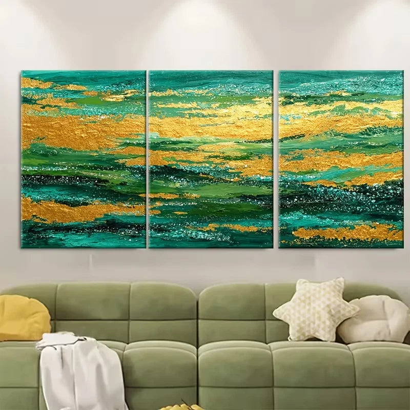 3pcs Abstract Landscape Teal Green, Golden, Black, Metal Print Ready to Hang Art - Bella Home Decor