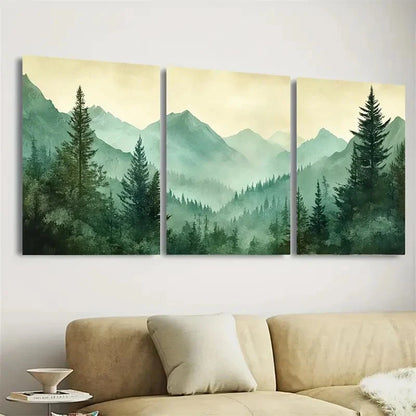 3pcs Green Forest Serenity with Mountain Wall Art Set Canvas Framed 50x70cm - High Quality Print 100% Australian Made Wall Canvas Ready to Hang