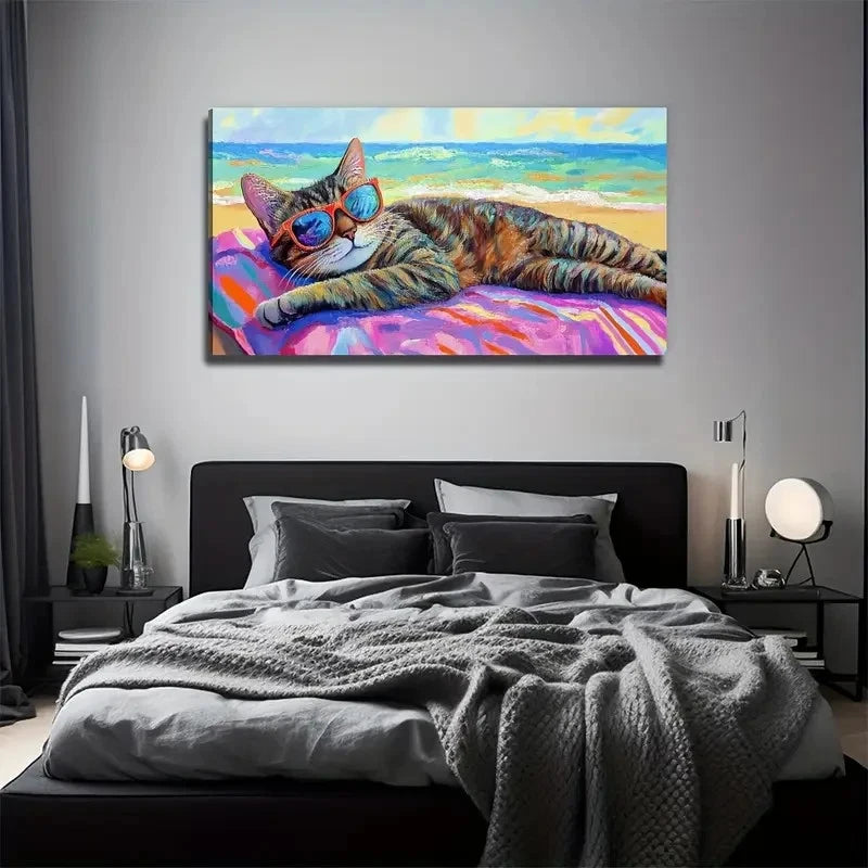 Vibrant Beach Cat Decor Wall Art Canvas Office Home Room Framed 120x60cm
