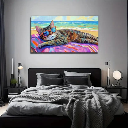 Vibrant Beach Cat Decor Wall Art Canvas Office Home Room Framed 120x60cm