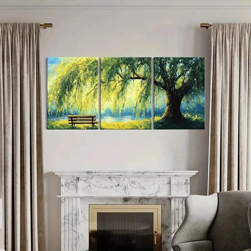 3pcs Willow Tree Serene Lake Wooden Bench Wall Art Set Canvas Framed 60x90cm - High Quality Print 100% Australian Made Wall Canvas Ready to Hang - Bella Home Decor