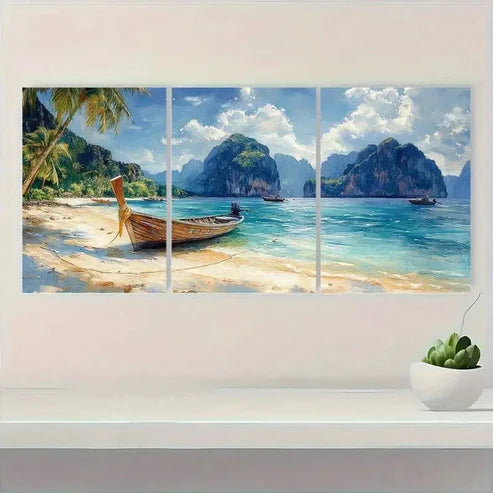 3pcs Tropical Beach Art Island Watercolor  Wall Art Set Canvas Unframed - High Quality Print 100% Australian Made Wall Canvas - Bella Home Decor