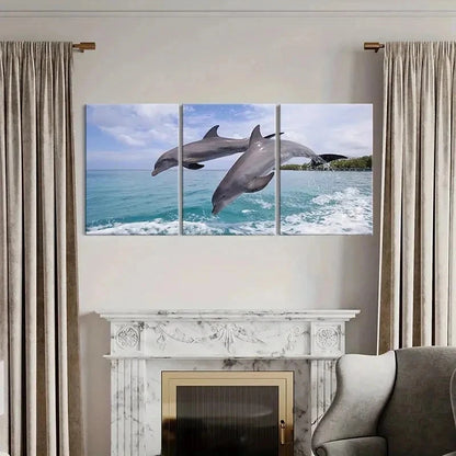 3pcs Dolphins Jumping Out Of The Sea Wall Art Set Canvas Framed 50x70cm - High Quality Print 100% Australian Made Wall Canvas Ready to Hang - Bella Home Decor