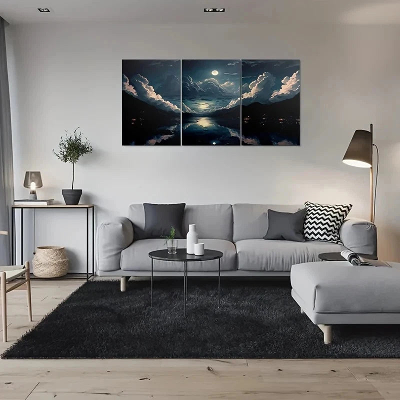 3pcs Moonlit Lake Night Scene Cloudy Sky Metal Print Ready to Hang Art