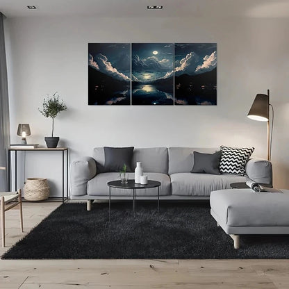3pcs Moonlit Lake Night Scene Cloudy Sky Metal Print Ready to Hang Art