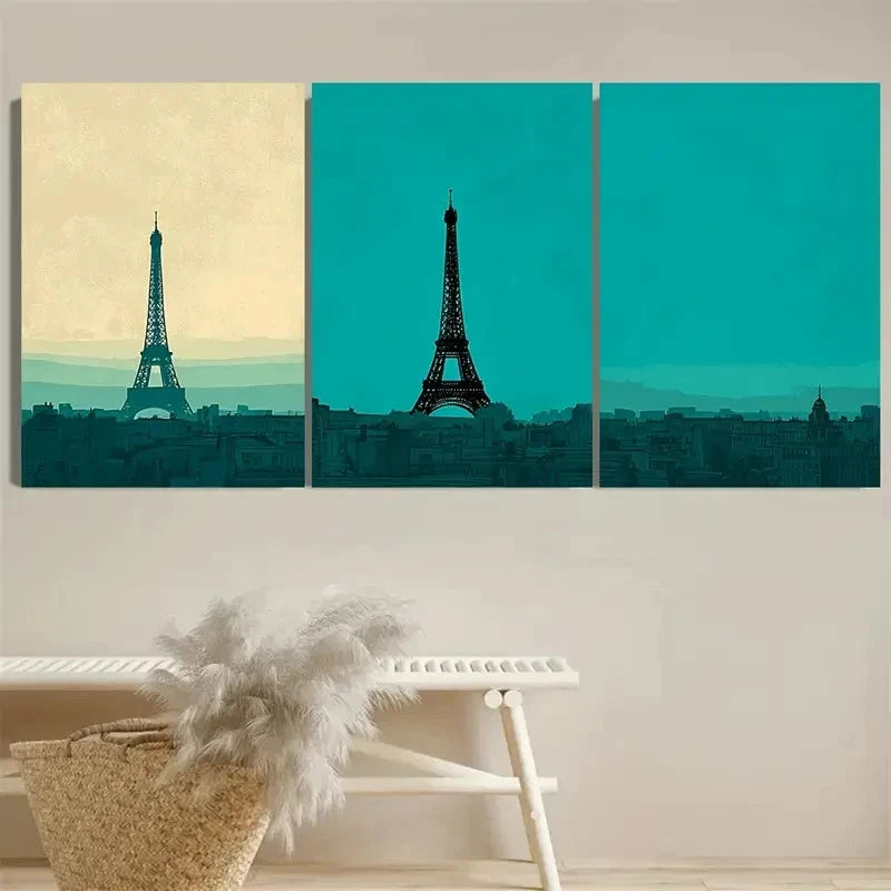 3pcs Eiffel Tower Teal Paris France Skyline Art Wall Art Set Canvas Framed 40x60cm - High Quality Print 100% Australian Made Wall Canvas Ready to Hang - Bella Home Decor