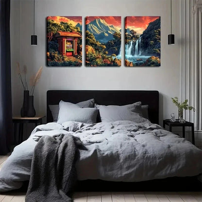 3pcs Waterfall Pavilion Modern Décor Perfect Wall Art Set Canvas Framed 50x70cm - High Quality Print 100% Australian Made Wall Canvas Ready to Hang - Bella Home Decor