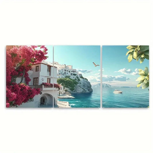 3pcs Sundrenched Coastal Village in Greece Metal Print Ready to Hang Art