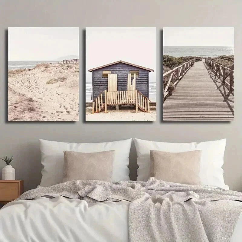 3pcs Sand Dunes & Seaside Hut Landscape Wall Art Set Canvas Framed 50x70cm - High Quality Print 100% Australian Made Wall Canvas Ready to Hang