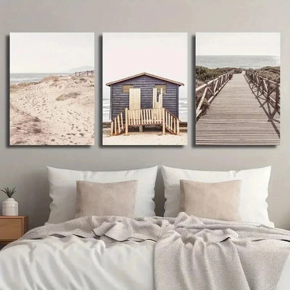 3pcs Sand Dunes & Seaside Hut Landscape Wall Art Set Canvas Framed 50x70cm - High Quality Print 100% Australian Made Wall Canvas Ready to Hang