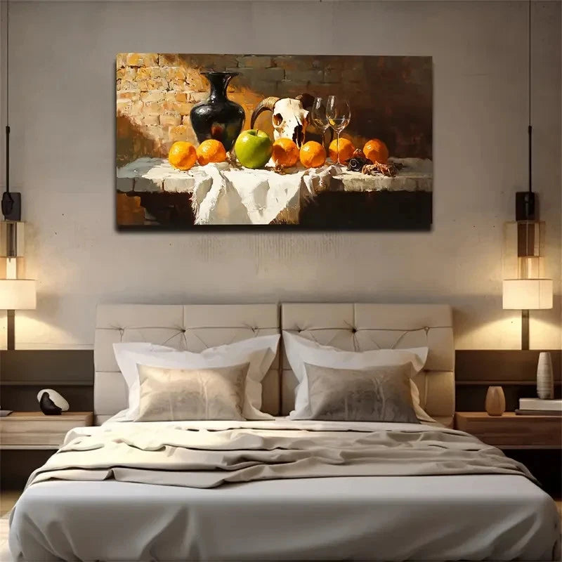 Wine Glasses Oranges Skull Wall Art Canvas Office Home Room Framed 120x60cm