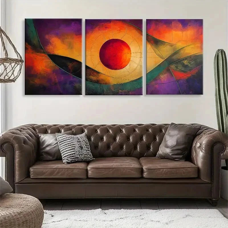 3pcs Vibrant Abstract Geometric Orange & Purple Metal Print Ready to Hang Art - Bella Home Decor