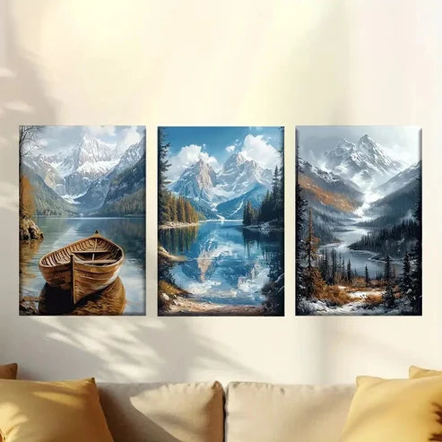 3pcs Serene Mountain Lake Scenery with Rowboat Wall Art Canvas Unframed - High Quality Print 100% Australian Made Wall Canvas