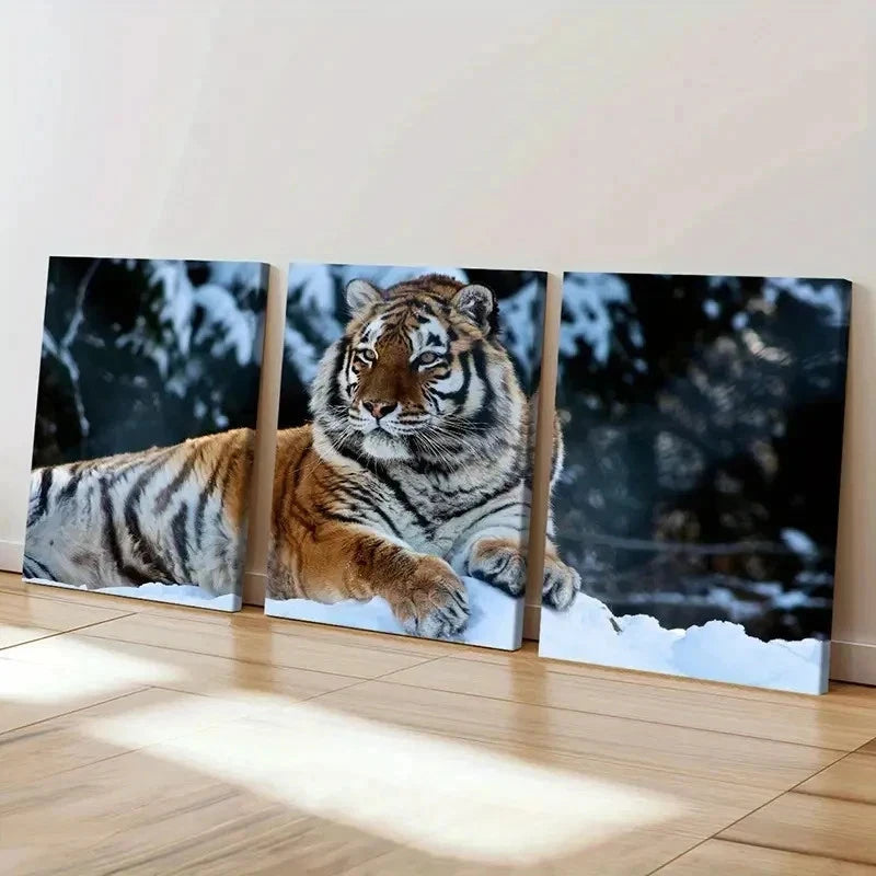 3pcs Tiger in Snow Surface Modern Wall Art Set Canvas Framed 60x90cm - High Quality Print 100% Australian Made Wall Canvas Ready to Hang