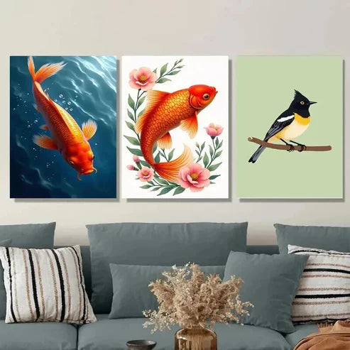 3pcs Fish Floral & Bird Vibrant Orange Koi Pink Wall Art Set Canvas Unframed - High Quality Print 100% Australian Made Wall Canvas