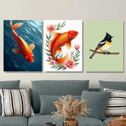 3pcs Fish Floral & Bird Vibrant Orange Koi Pink Wall Art Set Canvas Unframed - High Quality Print 100% Australian Made Wall Canvas